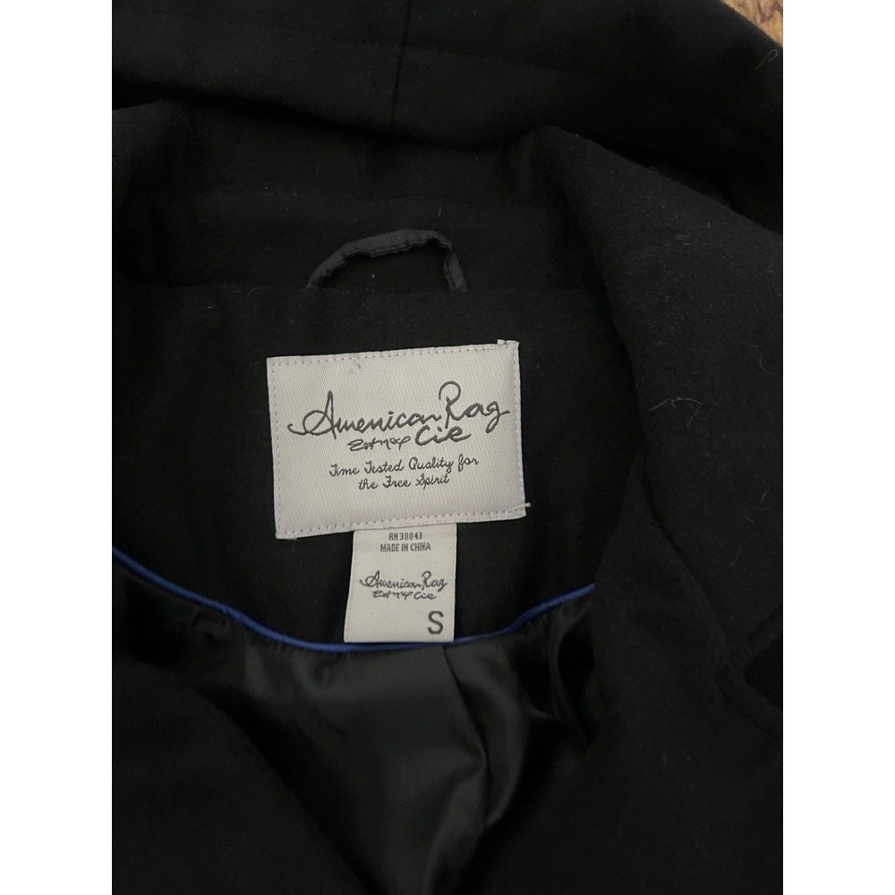 American‎ Rag Cie Womens Black Hooded Pea Coat Double Breasted Y2K Jacket Small